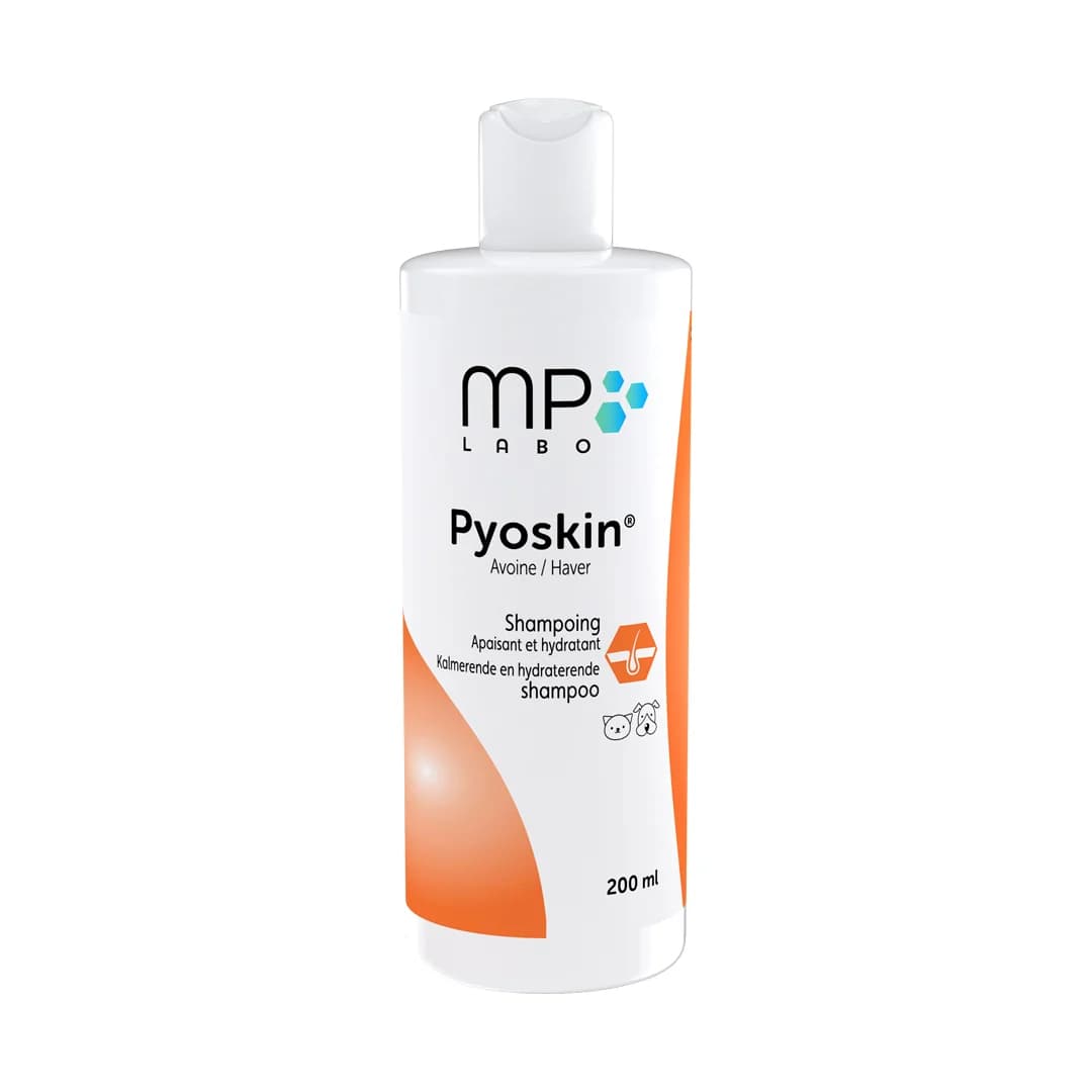 Flacon shampoing Pyoskin MP Labo 200ml apaisant chien chat peau irritée.