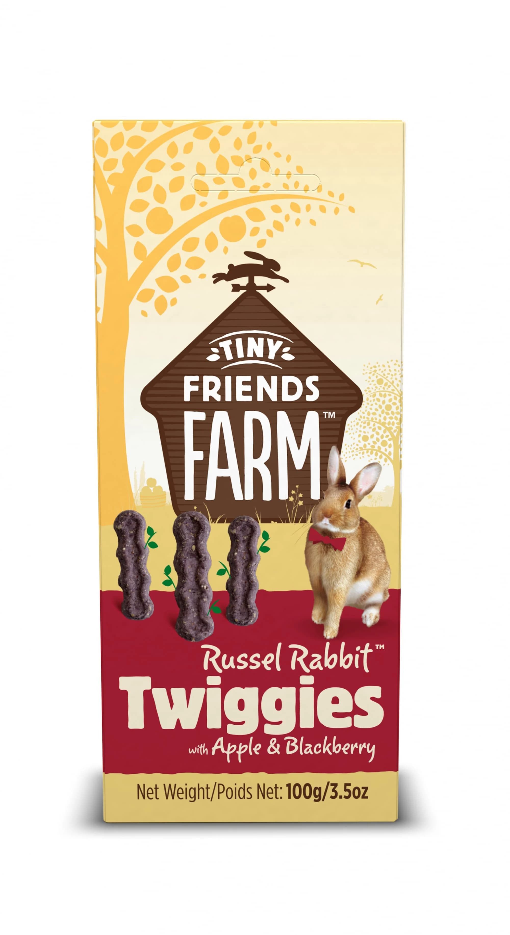 Boite de 100g de batonnets croquants a la pomme et mure Tiny Friends Farm Russel Rabbit Twiggies.