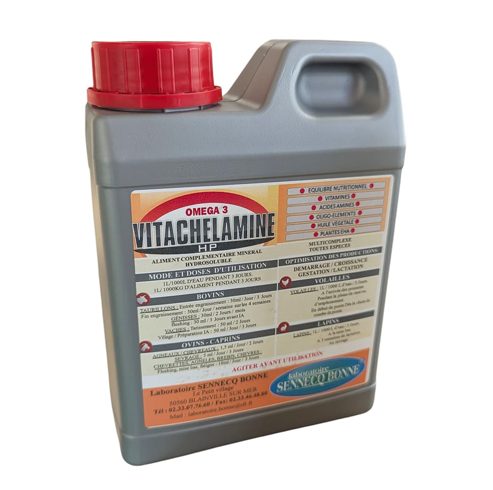 Bidon de 1 litre de VITACHELAMINE HP par Sennecq Bonne, complément minéral enrichi en vitamines et Omega 3 pour le bétail.