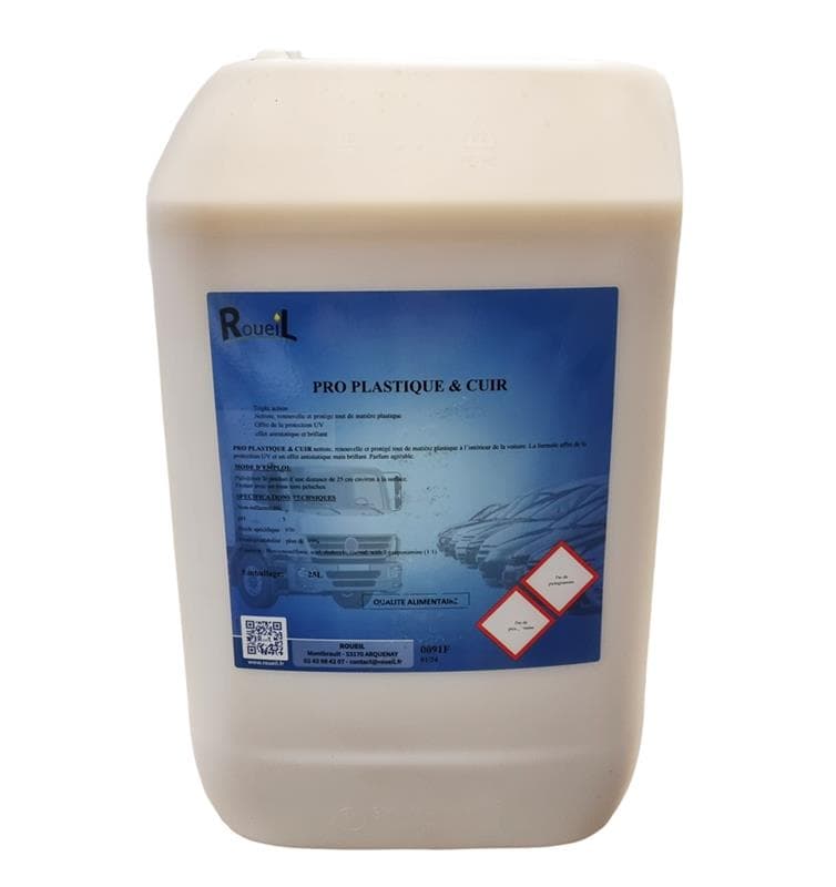 Bidon de 25L de nettoyant professionnel PRO PLASTIQUE ET CUIR par Roueil, solution de rénovation antistatique et anti-UV pour l'intérieur des véhicules.