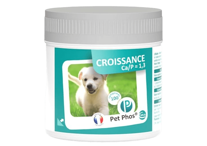 Boîte Pet Phos Croissance Ca/P 1.3 Ceva 100 comprimés complément calcium chiot
