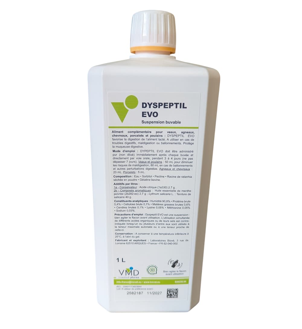 Bidon de 1 litre de Dyspeptil, solution buvable pour la protection digestive et la digestion lactée des jeunes animaux de la ferme.