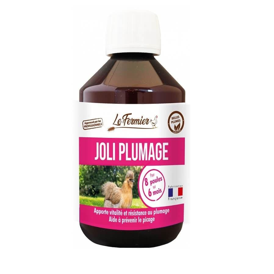 Flacon de 250 ml Le Fermier JOLI PLUMAGE, complément alimentaire pour poules apportant vitalité et résistance au plumage grâce au zinc et à la méthionine.