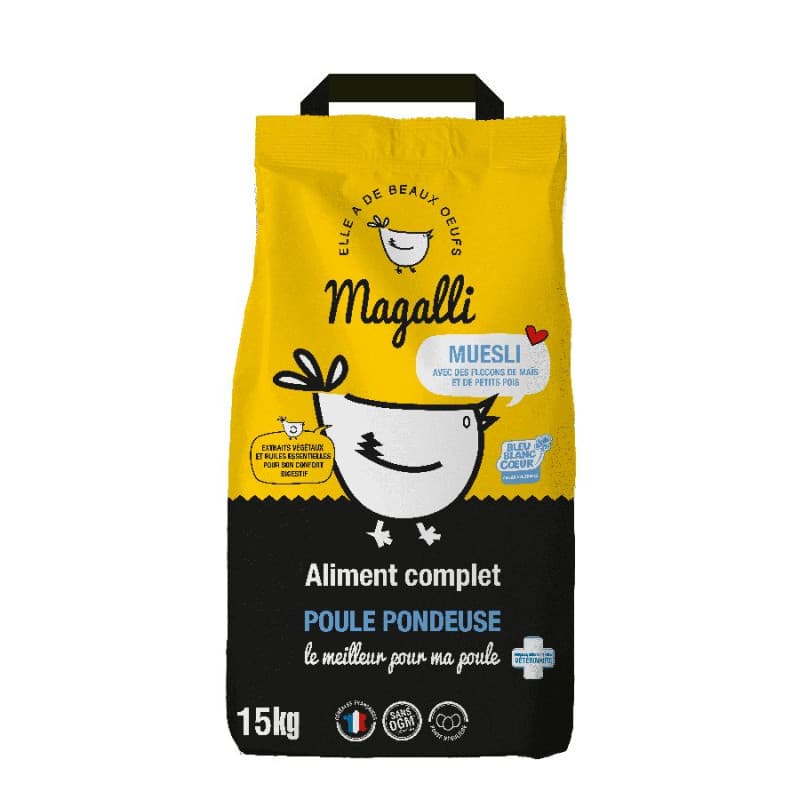 Sac de 15 kg d'aliment complet muesli Magalli pour poule pondeuse sans OGM.