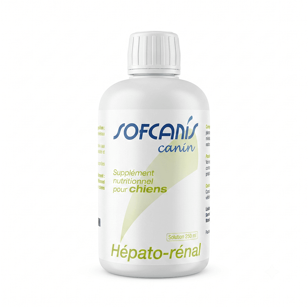 Flacon blanc de 250 ml de supplément nutritionnel buvable Sofcanis Canin Hépato-Rénal pour chien.