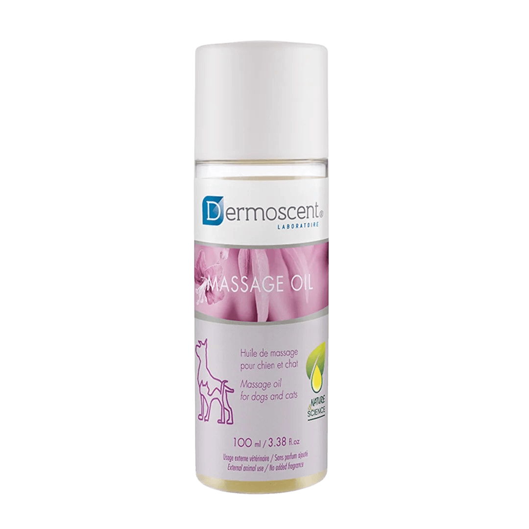 Flacon de 100 ml d'Huile sèche de massage Dermoscent® pour chien et chat.