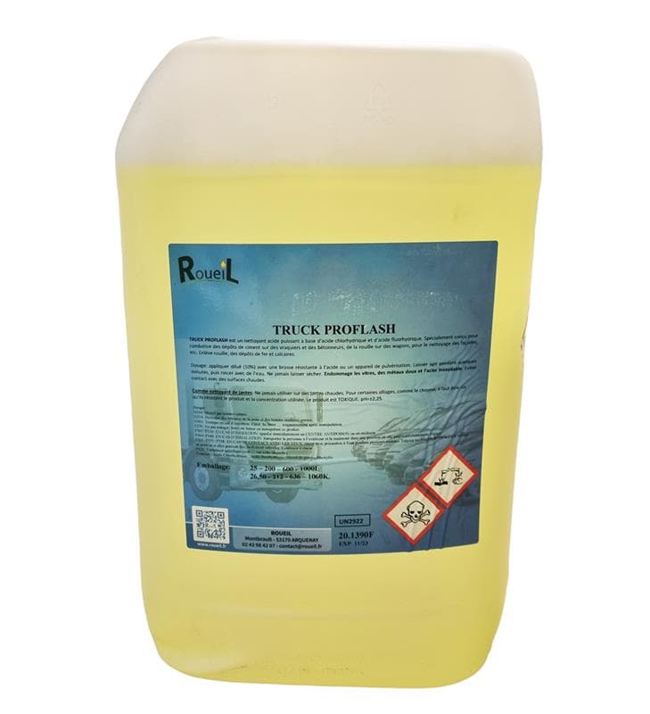 Bidon de 25L de Truck Proflash par Roueil, nettoyant acide puissant pour jantes, citernes et rénovation de stations de lavage.