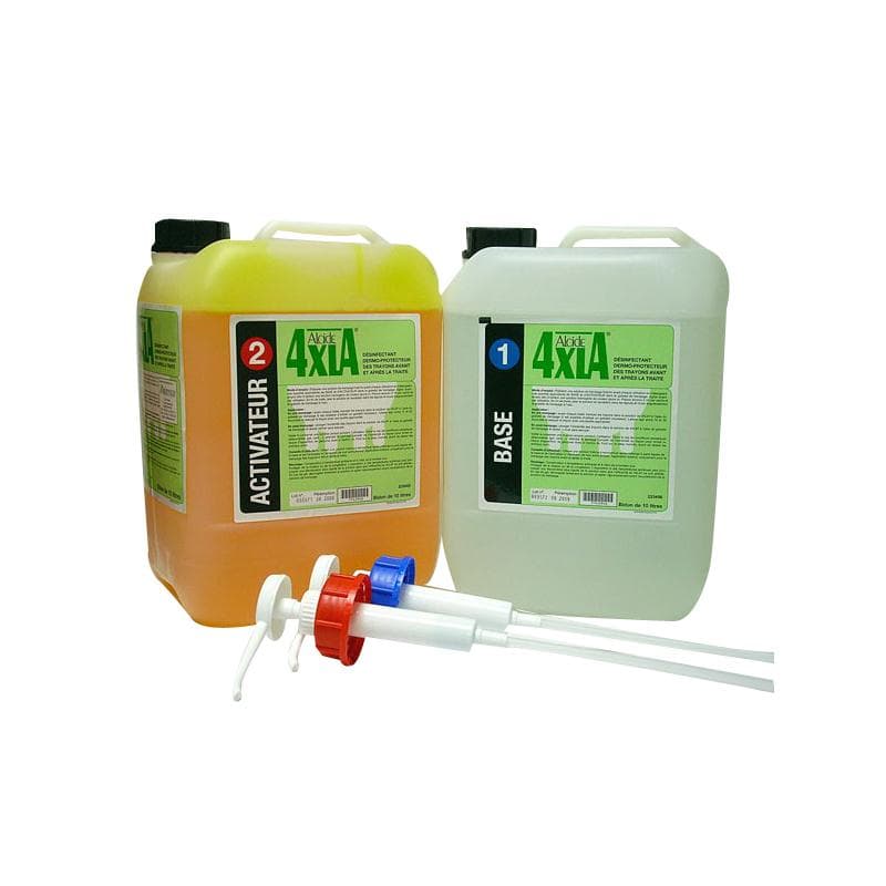 Pack de deux bidons de 20 litres 4XLA (Base et Activateur) avec pompes doseuses pour la désinfection dermo-protectrice des trayons.