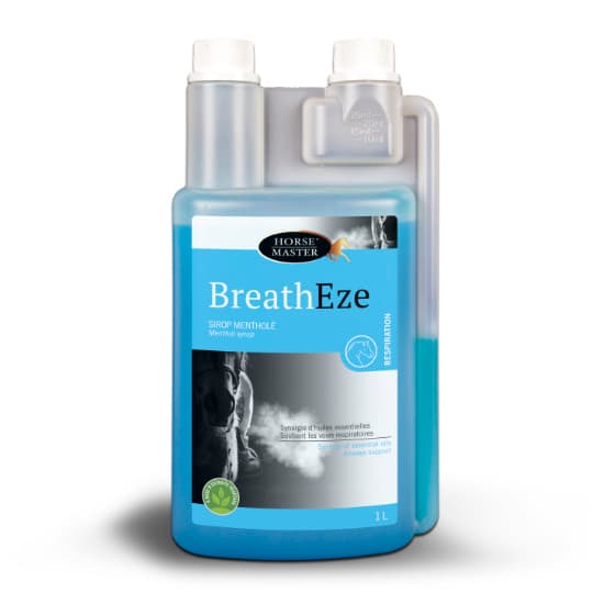 Flacon doseur transparent de 1 Litre de sirop mentholé bleu BreathEze Horse Master pour la respiration du cheval.