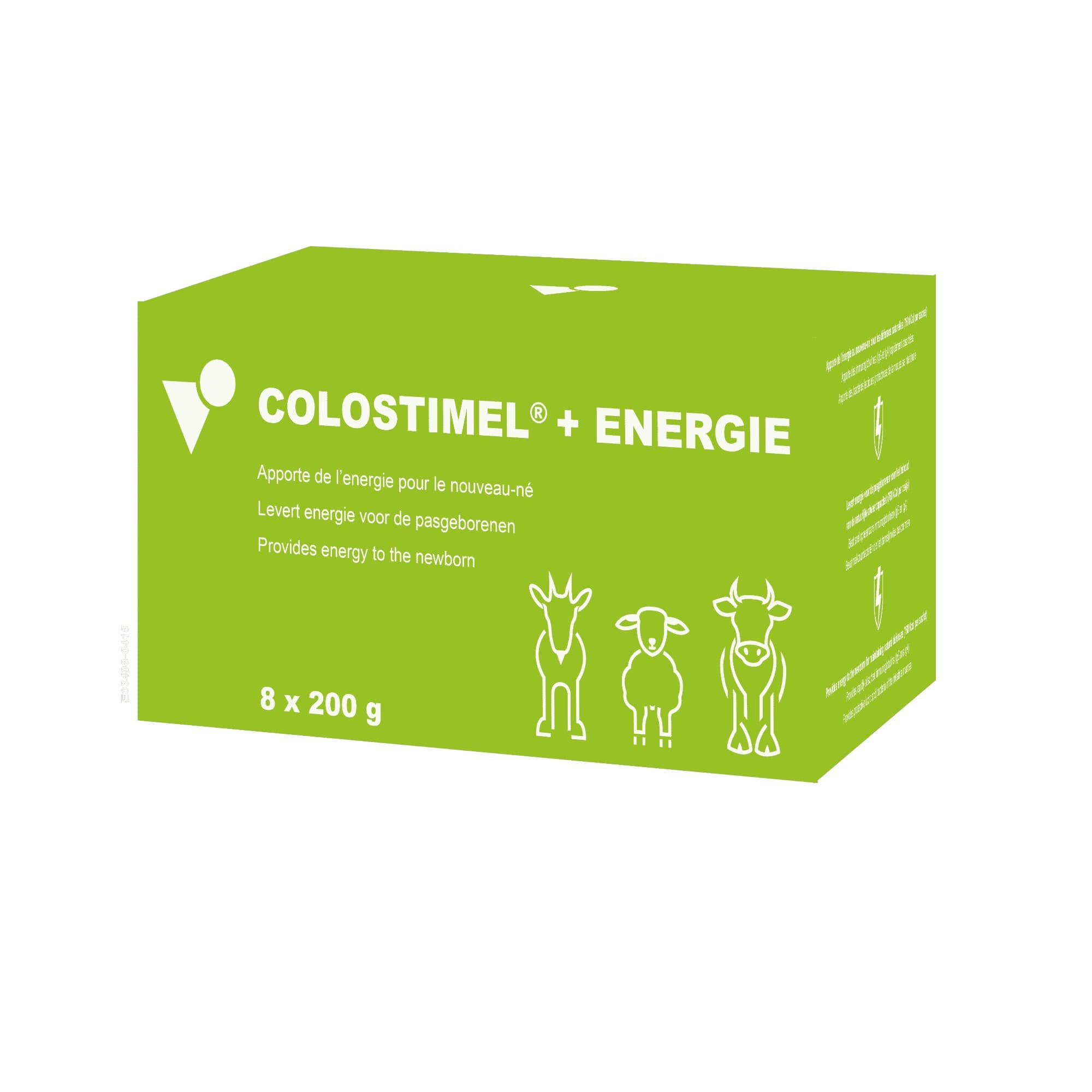 Boîte vert pomme de COLOSTIMEL® + Énergie (8 x 200 g) affichant les silhouettes blanches d'un chevreau, d'un agneau et d'un veau.