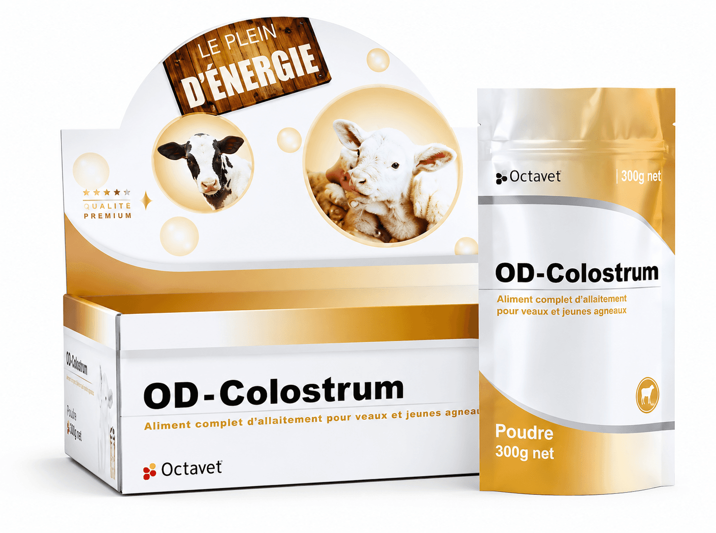 Boîte présentoir et sachet OD-Colostrum Octavet, aliment complet d'allaitement énergétique pour veaux de premier âge.