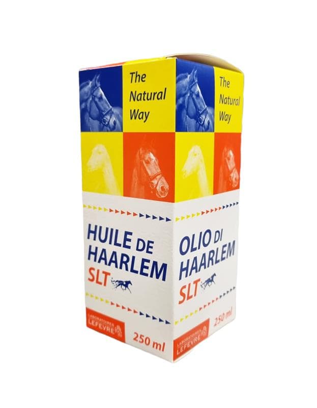 Boîte et flacon de 250 ml d'Huile de Haarlem SLT des Laboratoires Lefevre, complément naturel historique pour le bien-être et la santé du cheval.