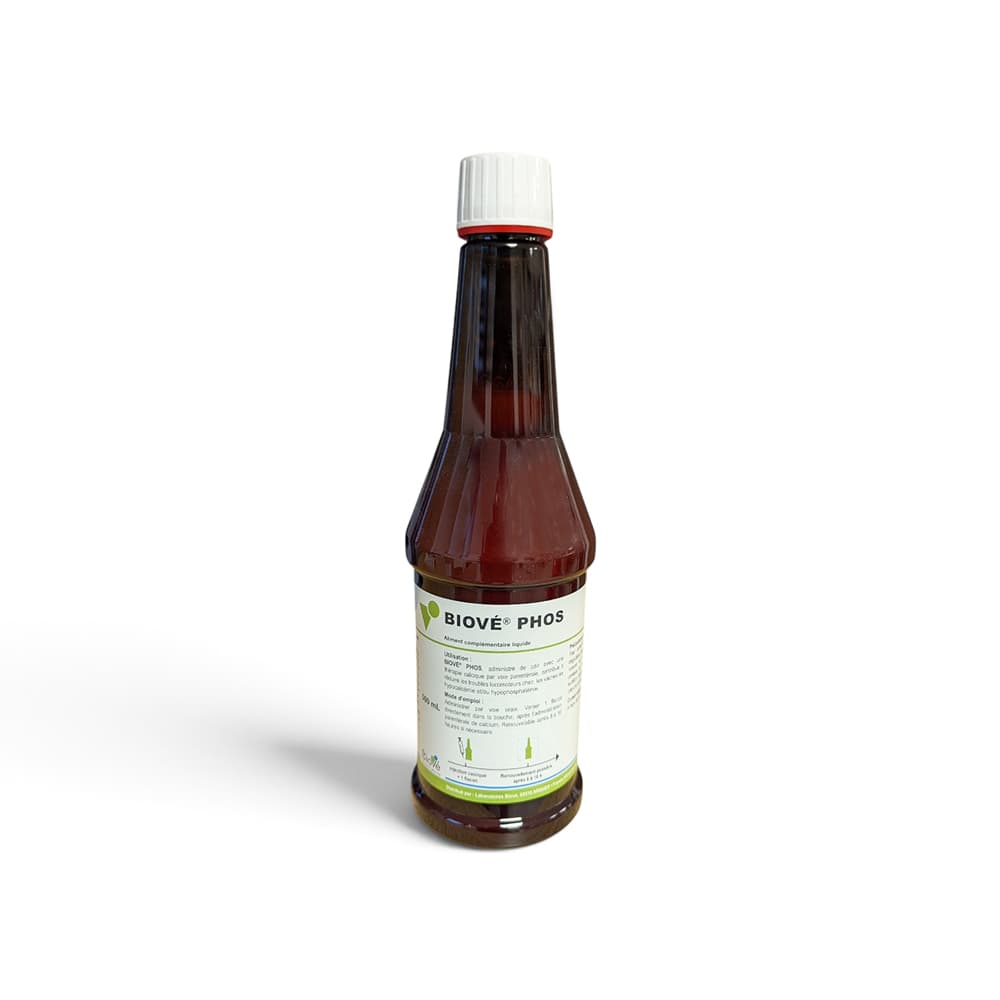Flacon marron de 500 ml de Biové® Phos, gel oral calcium et phosphore pour le soutien de la reproduction des vaches laitières.