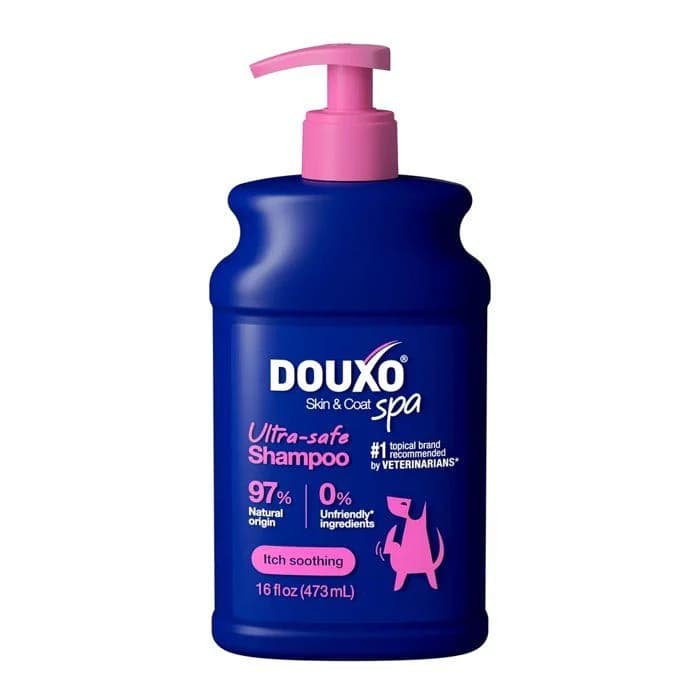 Flacon Douxo SPA Shampoing Anti-Démangeaisons 250 ml bleu, soin dermatologique apaisant pour chien sujet aux démangeaisons.