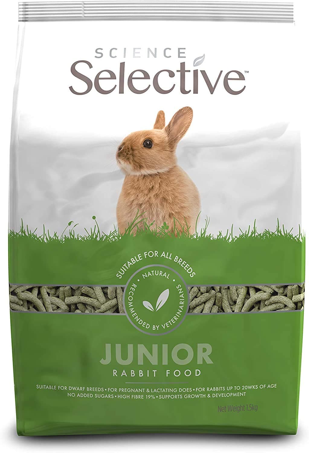 Sac élevage de 10 kg d'extrudés Supreme Science Selective Lapin Junior avec visuel de jeune lapin fauve.