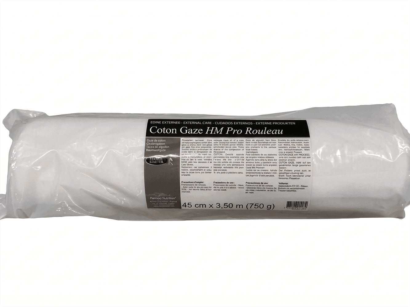Rouleau de 45 cm x 3,5 m de Coton Gaze HM PRO sous sachet plastique pour pansements vétérinaires de cheval.