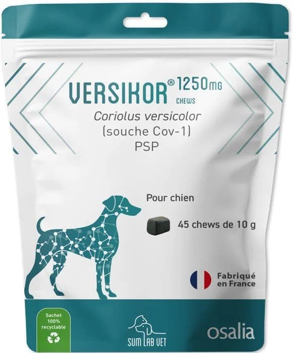Sachet blanc et turquoise de VERSIKOR 1250 Chien d'Osalia, contenant 45 bouchées appétentes de 10g pour le soutien immunitaire à base de champignon Coriolus versicolor.