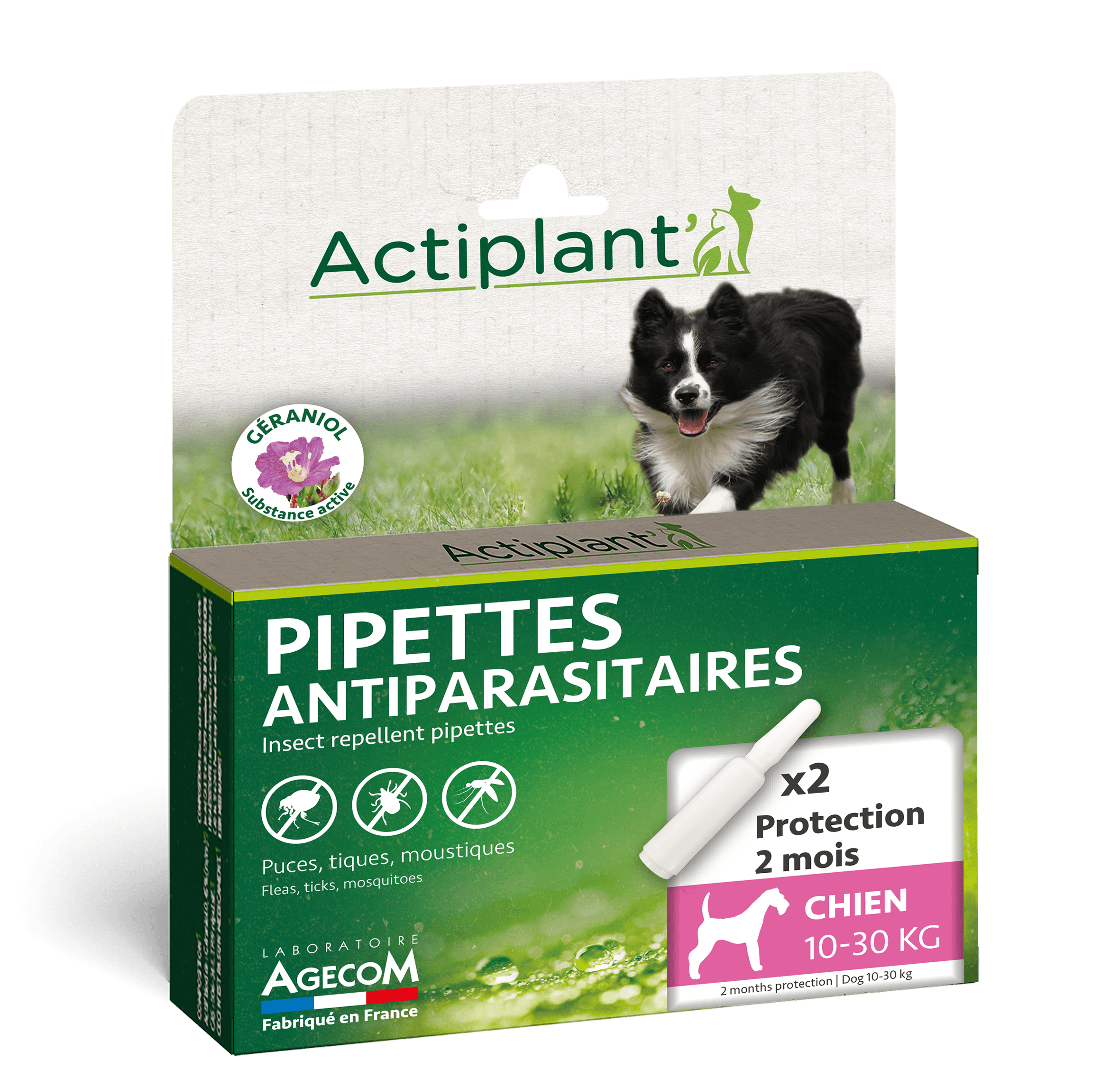 Boîte 2 pipettes antiparasitaires Actiplant chien moyen 10-30kg géraniol naturel.