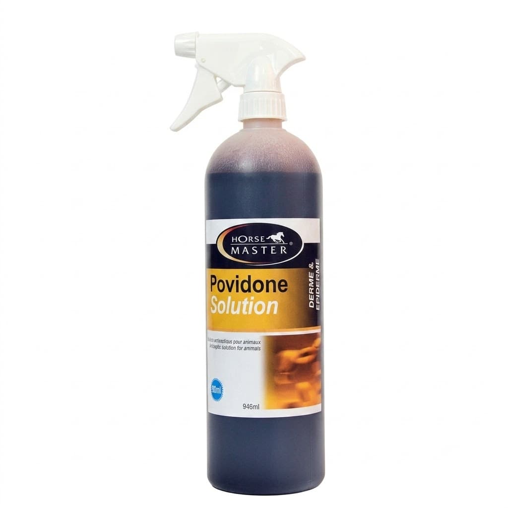 Flacon spray de 946 ml de Povidone Solution 10 % Horse Master antiseptique pour cheval.