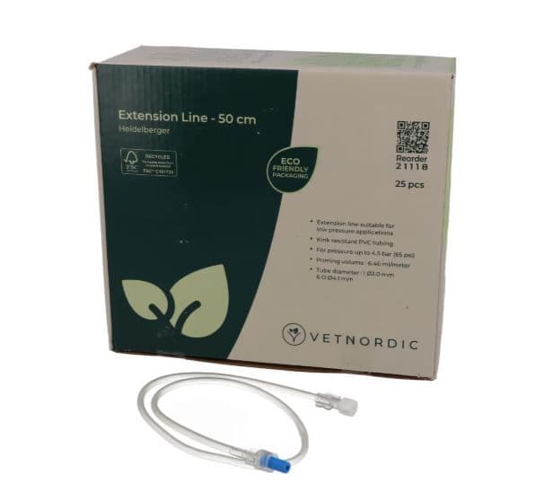Boîte de 25 prolongateurs Heidelberger Vetnordic de 50 cm avec tubulure en PVC souple et connecteurs Luer.
