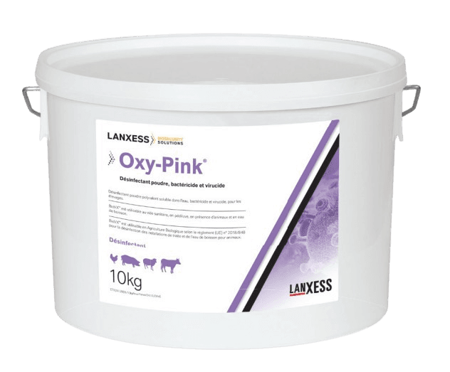 Grand seau de 10 kg de désinfectant poudre Oxy-Pink de Lanxess, remplaçant du BioVX pour la biosécurité en élevage.