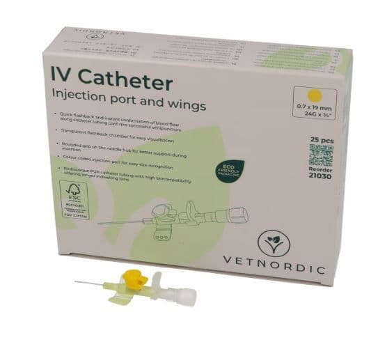Boîte de 25 cathéters IV jaunes Vetnordic 24G avec ailes et port d'injection pour usage vétérinaire.