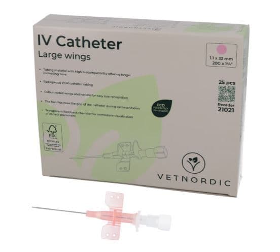 Boîte de 25 cathéters IV roses Vetnordic 20G avec grandes ailes et chambre de reflux transparente pour usage vétérinaire.