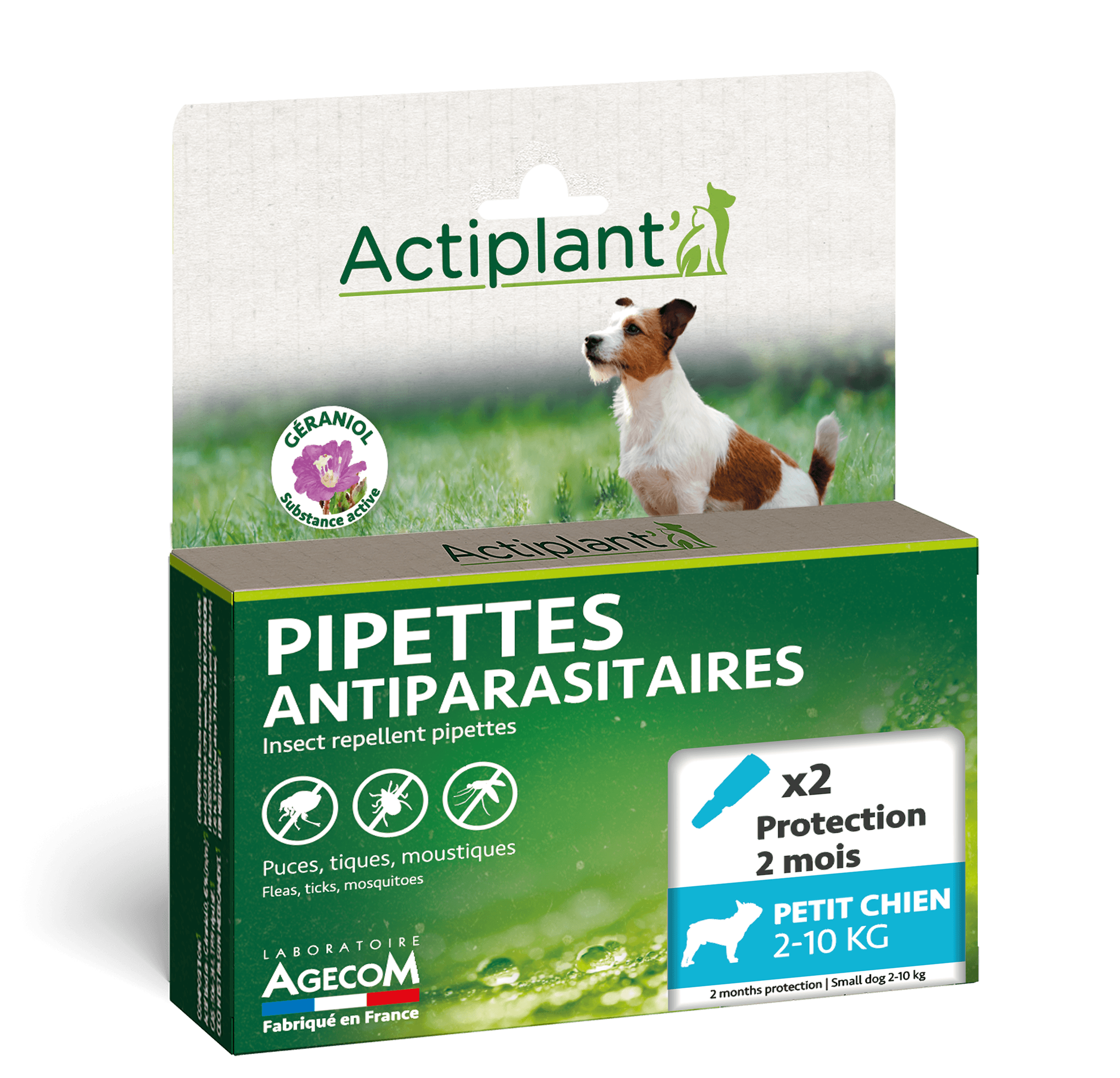 Boîte 2 pipettes antiparasitaires Actiplant petit chien 2-10kg géraniol naturel.