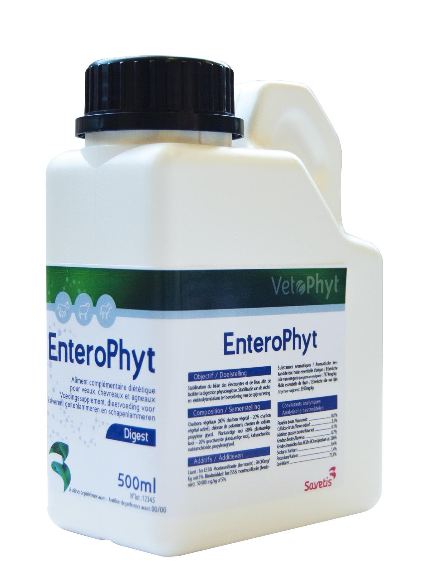 Flacon de 500 ml EnteroPhyt Savetis, aliment complémentaire diététique pour veaux et agneaux à base de charbon et montmorillonite pour le transit digestif.