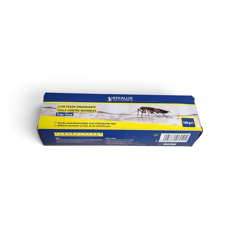 Boîte et tube de 135g de colle à rongeurs RAT GLUE Edialux, une colle incolore et inodore pour la fabrication de pièges à glu contre les rats et souris.