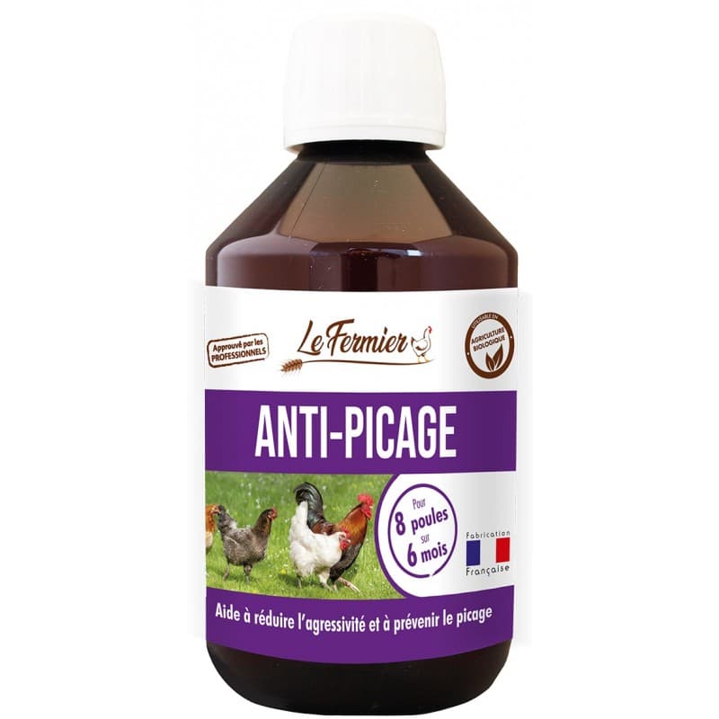 Flacon de 250 ml Le Fermier ANTI-PICAGE, complément alimentaire pour réduire l'agressivité des poules et volailles, fabrication française.