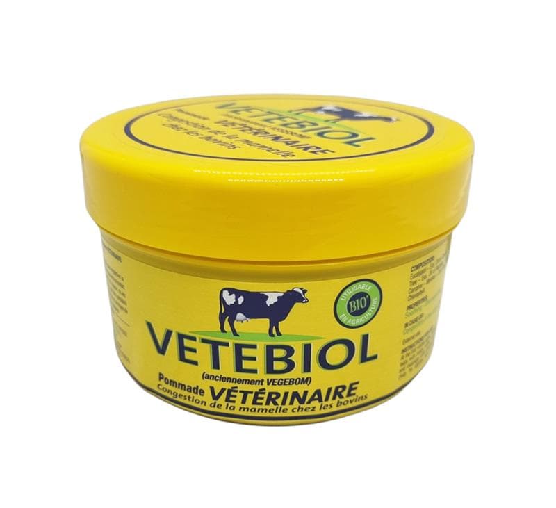 Pot de 400 g de pommade VETEBIOL pour le traitement de la congestion mammaire chez les bovins, certifié Agriculture Biologique.