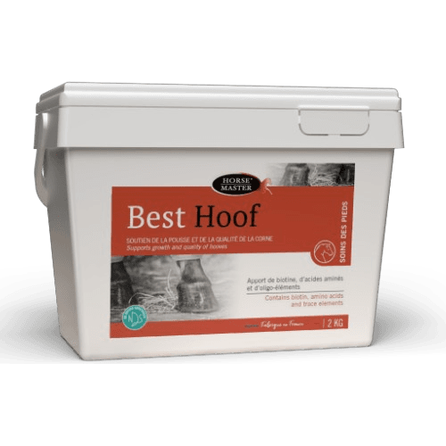 Seau blanc de 2 kg de granulés pour sabots Best Hoof Horse Master enrichis en biotine pour cheval.
