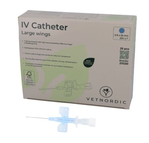 Boîte de 25 cathéters IV bleus Vetnordic 22G avec grandes ailes et chambre de reflux transparente pour usage vétérinaire.