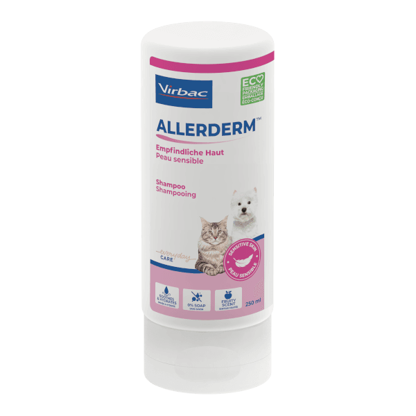 Allerderm Shampooing Peau Sensible 200 ml Virbac – shampooing apaisant pour chien et chat à peau réactive ou irritée.