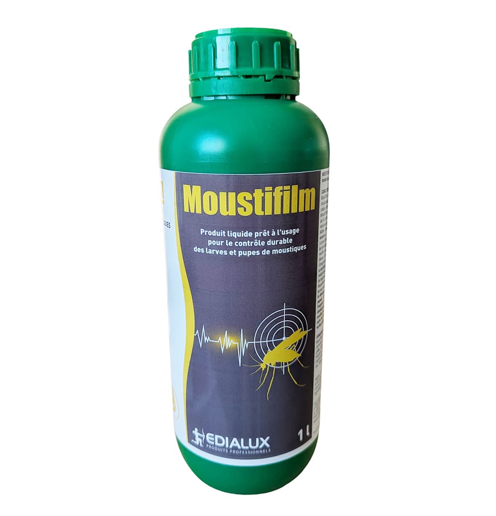 Bidon 1L Moustifilm liquide anti-larves de moustiques pour traitement des eaux stagnantes.