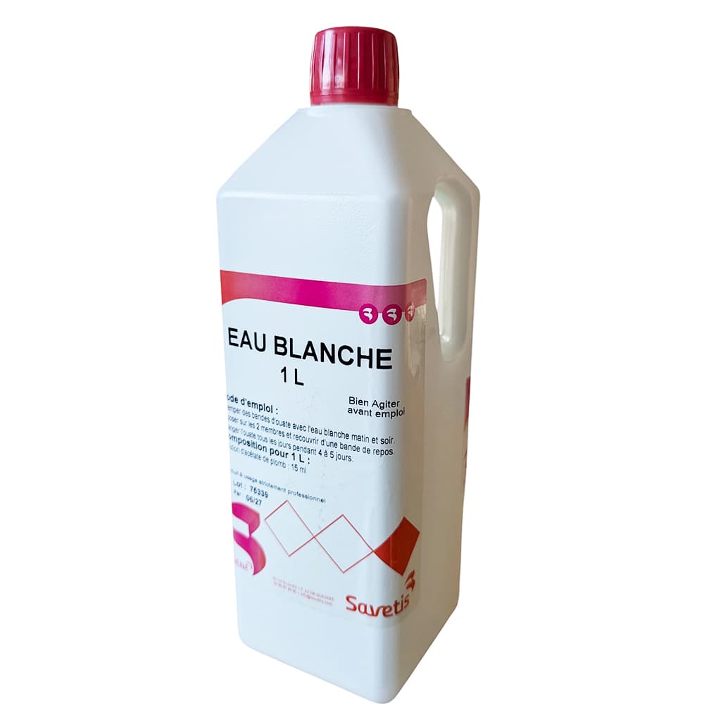 Bouteille 1L Eau Blanche Savetis soin astringent tendinite cheval sous-acétate de plomb