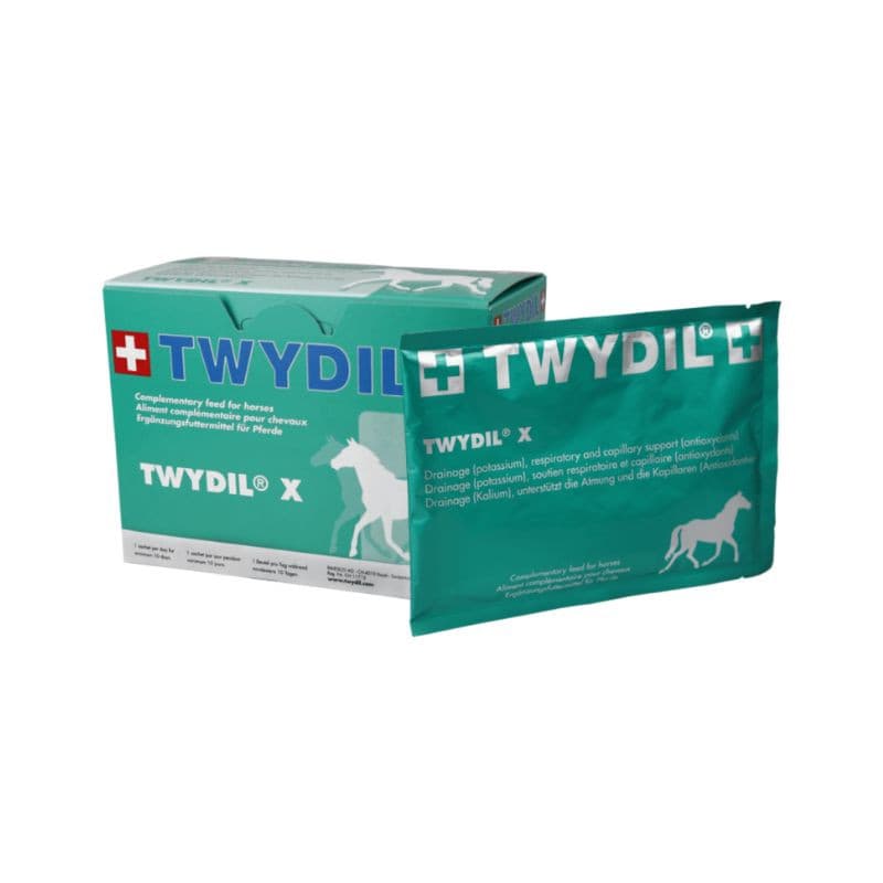 Boîte et sachet individuel de 60 g de complément alimentaire pour chevaux Twydil X vert et argent.