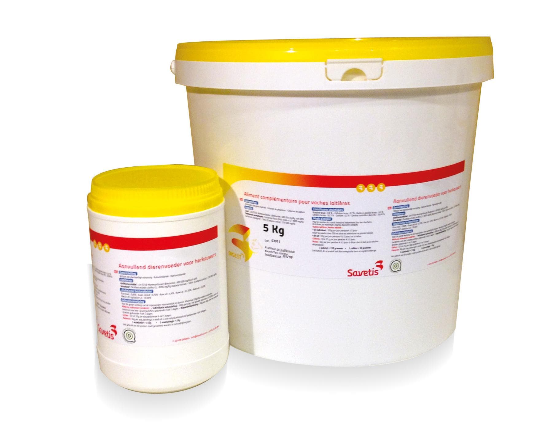 Gamme de seaux et pots EnteLact de Savetis pour le soutien intestinal des ruminants, incluant les formats élevage.