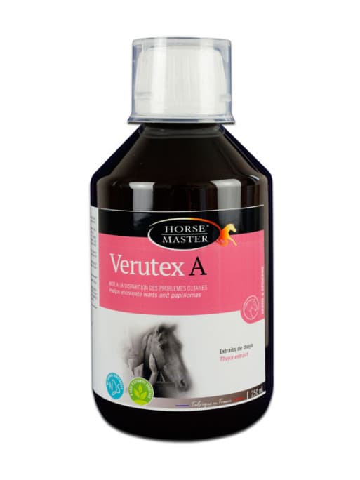 Flacon brun de 250 ml de solution liquide Verutex A Horse Master pour les verrues du cheval.