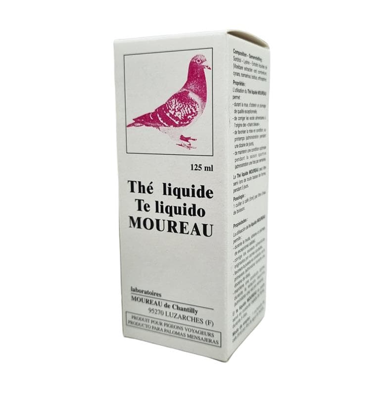 Boîte blanche et flacon de Thé Liquide MOUREAU 125 ml montrant un pigeon voyageur rouge, complément alimentaire hépatique pour la colombophilie.