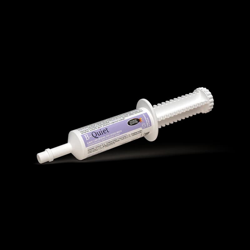Seringue blanche de 60 ml de gel apaisant anti-stress B-Quiet Horse Master pour cheval.