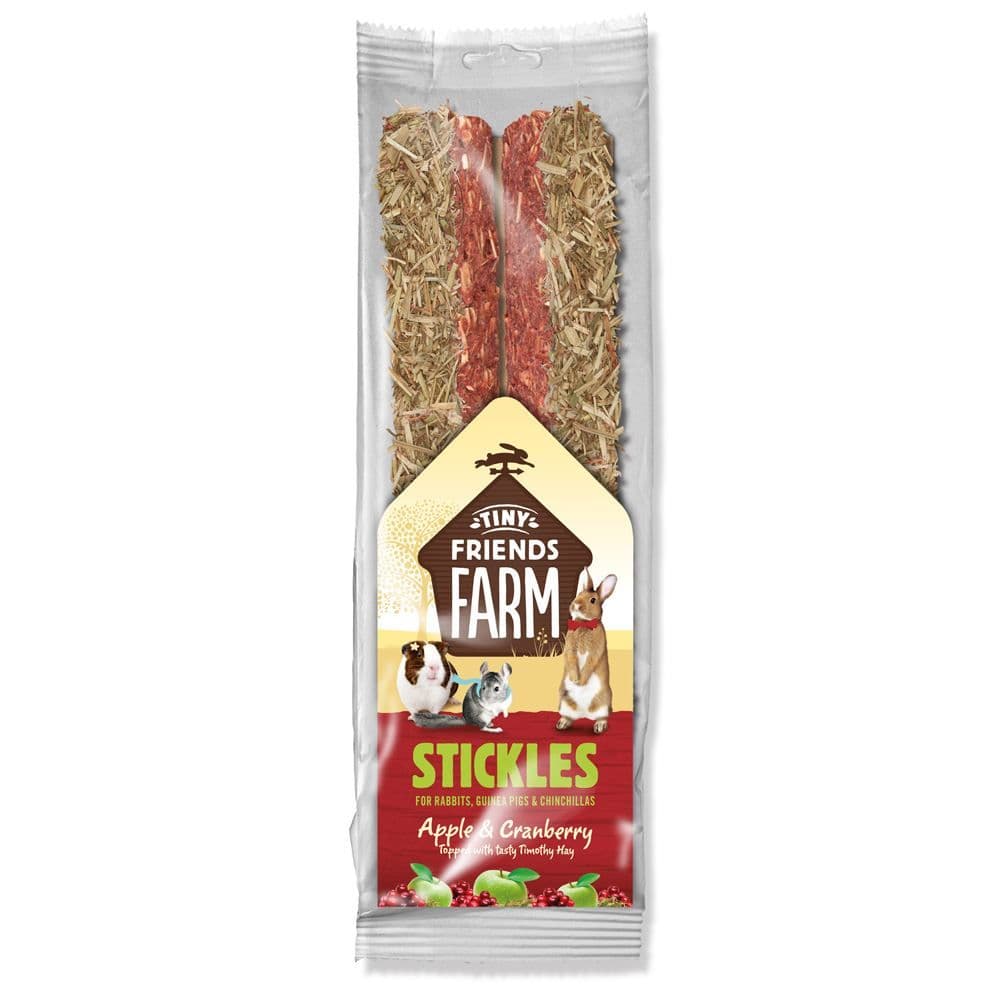 Sachet de 100g de batonnets friandises au foin pomme canneberge Tiny Friends Farm Stickles pour lapin cobaye.
