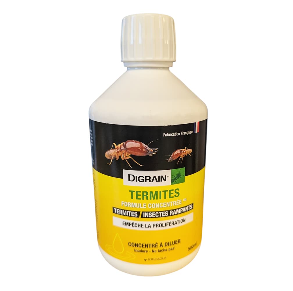 Flacon de 500 ml de Digrain Termites Formule Concentrée NG, insecticide liquide à diluer pour termites et insectes rampants.