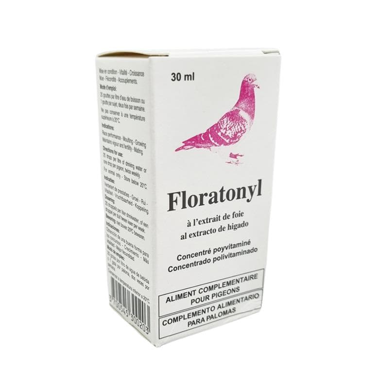 Étui en carton blanc et rose de 30 ml de solution liquide Floratonyl des Laboratoires Moureau pour pigeon.