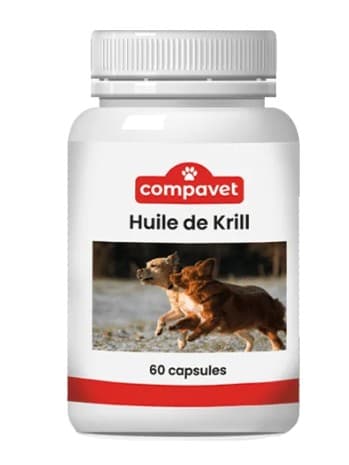 Flacon de 60 capsules d'Huile de Krill Compavet pour chiens et chats, riche en Oméga 3 EPA/DHA et astaxanthine pour les articulations et le cœur.
