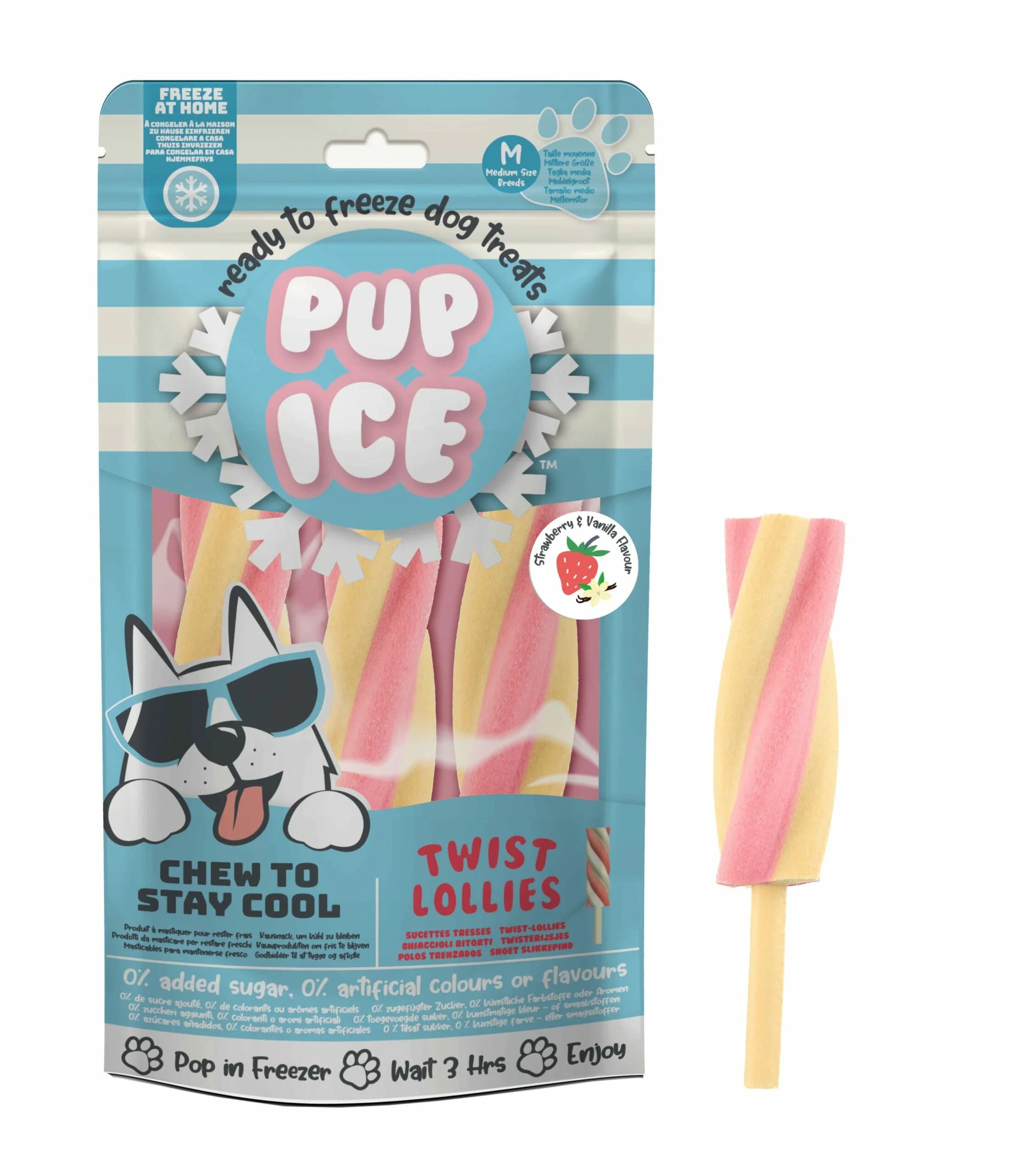 Sachet bleu ciel de 3 glaces torsadées à la fraise et à la vanille Pup Ice Twist Lollies pour chien.