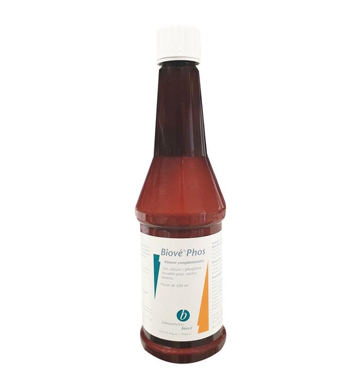 Flacon marron de 500 ml de Biové® Phos, gel oral calcium et phosphore pour le soutien de la reproduction des vaches laitières.