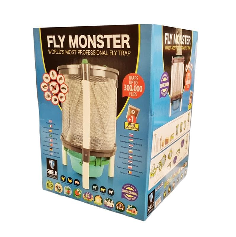 Boîte du MONSTER FLY TRAP, piège à mouches professionnel de grande capacité (300 000 mouches), inodore et non toxique pour usage extérieur.