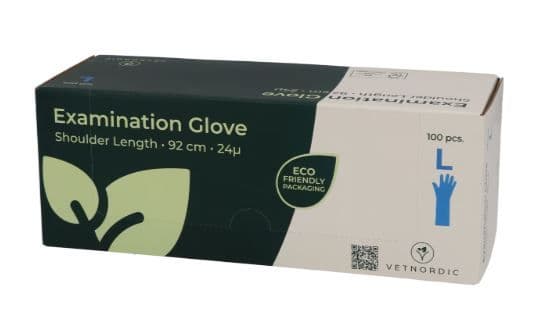 Gant examen vétérinaire long bleu VetNordic taille L 92 cm pour fouille bovine boîte de 100 pièces